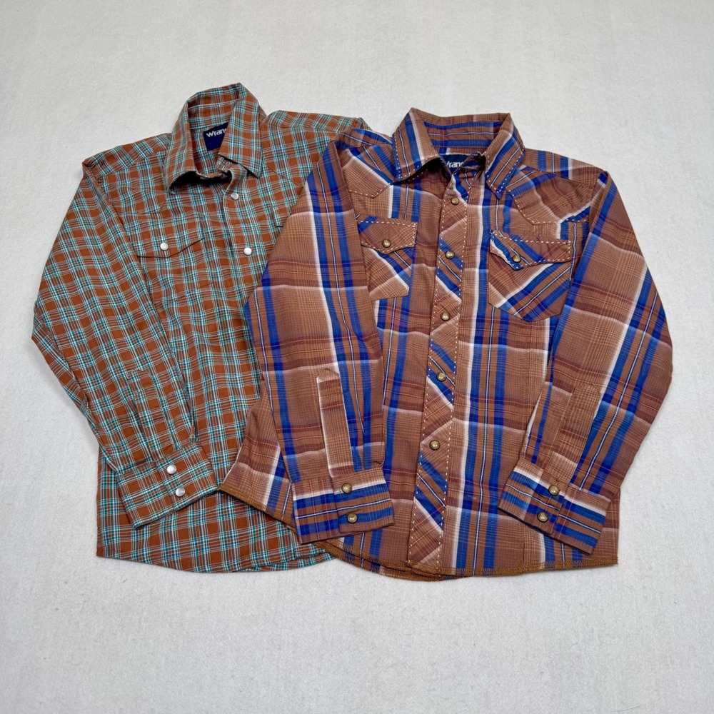Wrangler Boys Western Snap Shirts Lot of 2 Brown Blue Orange Plaid Size Medium M